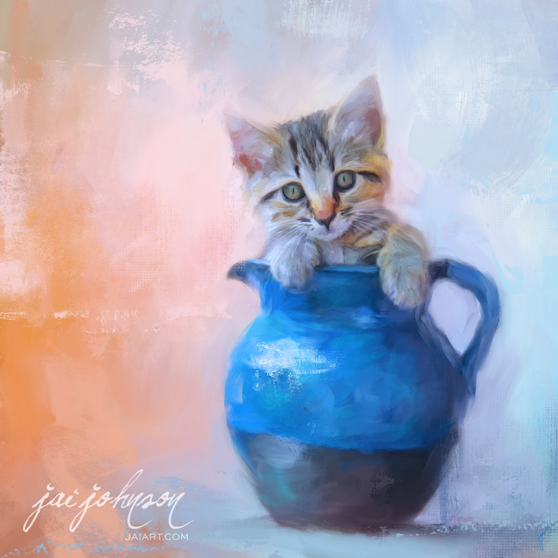 Sweet kitten in a vase painting