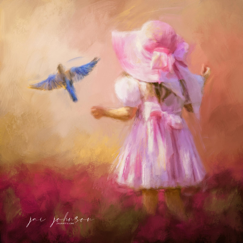 Little girl with bluebird painting