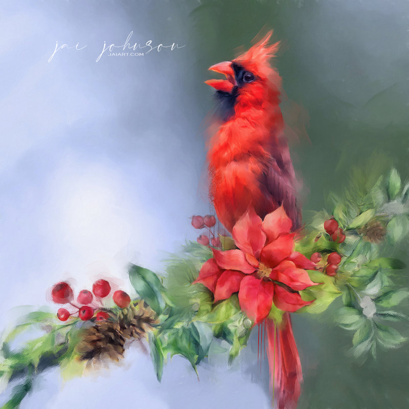 Cardinal with poinsettia holiday painting