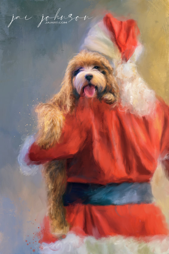 Santa claus holding dog Christmas painting
