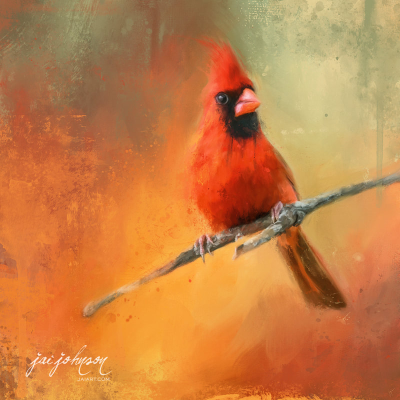 Male cardinal red bird painting
