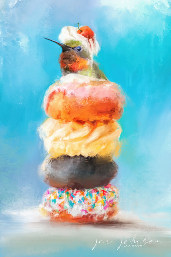 Hummingbird and donuts painting