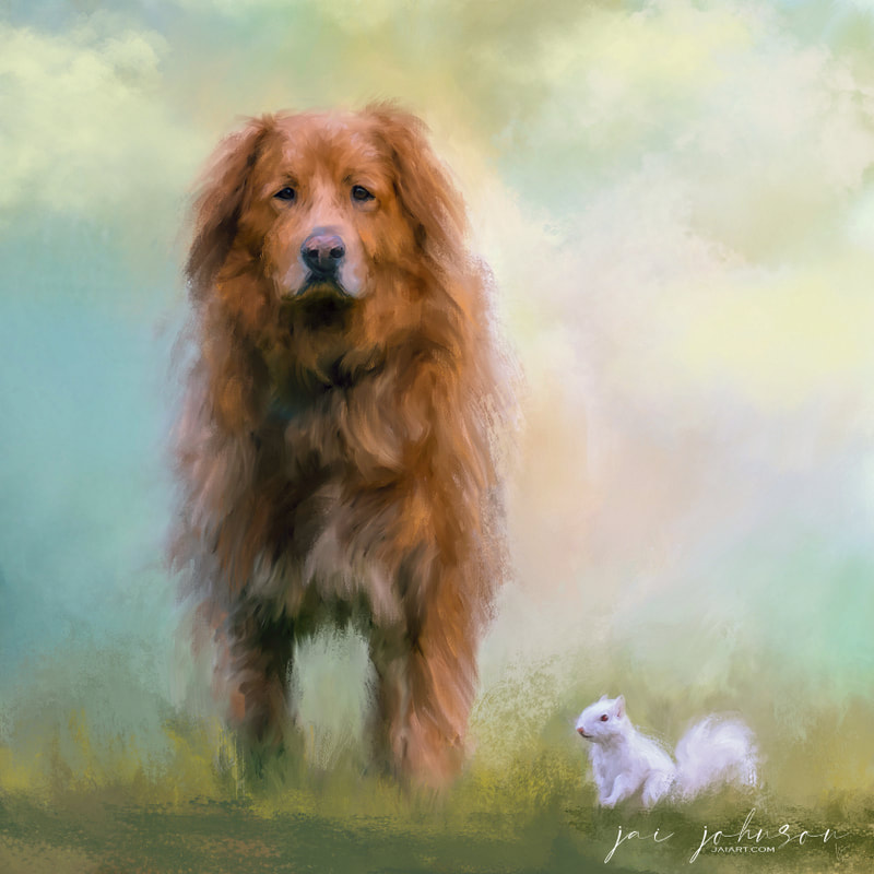 Golden Retriever with white squirrel painting